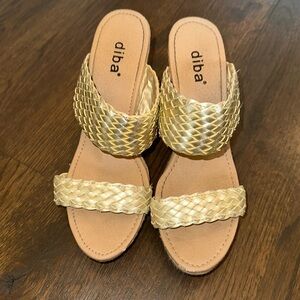 Gold wedge espadrilles, size 9. Platform  1 inch, heel length 4 & 1/2 inches.